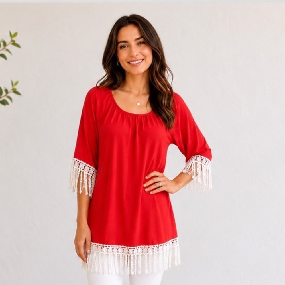 R. Rouge Vintage Red Boho Crochet Fringe Tunic Top Large Flapper